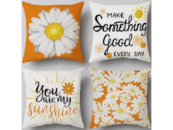 Set van 4 kussenhoezen bloem en tekst wit oranje geel 40x40c