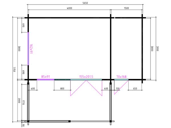 Tuinhuis-Blokhut 4x3+2z: 495 x 340 x 265 (h) cm