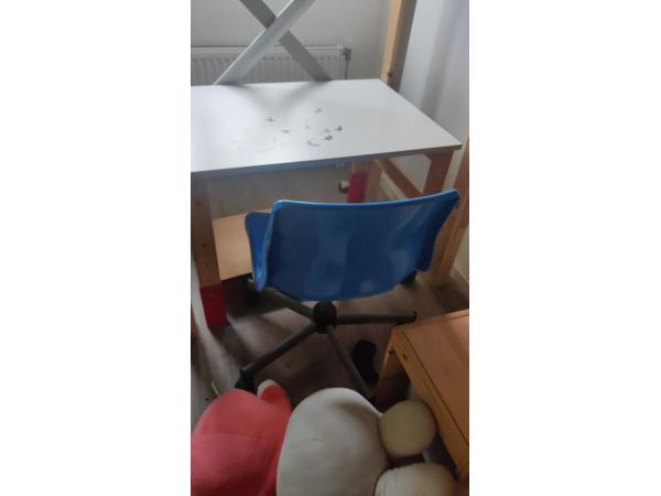 Huisjesbed, bureaus, stoelen en kleed.