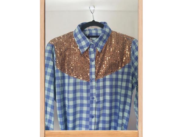 Voyelles geruite blouse glitter blauw M