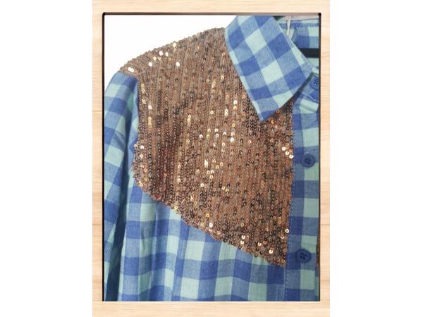 Voyelles geruite blouse glitter blauw M