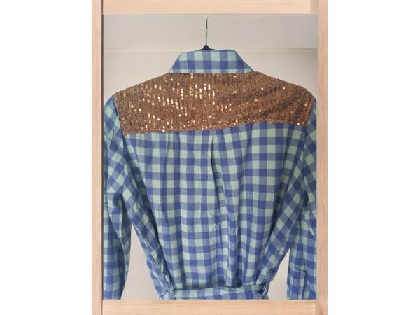 Voyelles geruite blouse glitter blauw M