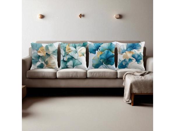 Set van 4 kussenhoezen bloemen turquoise goud 45x45cm