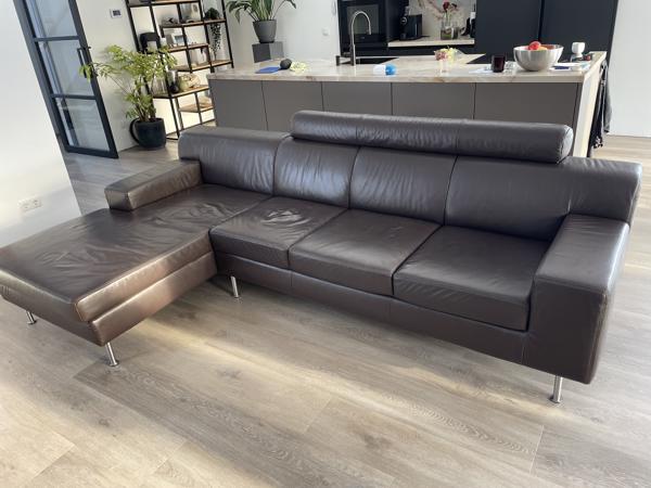 Lederen (hoek)bank met 2 poefjes