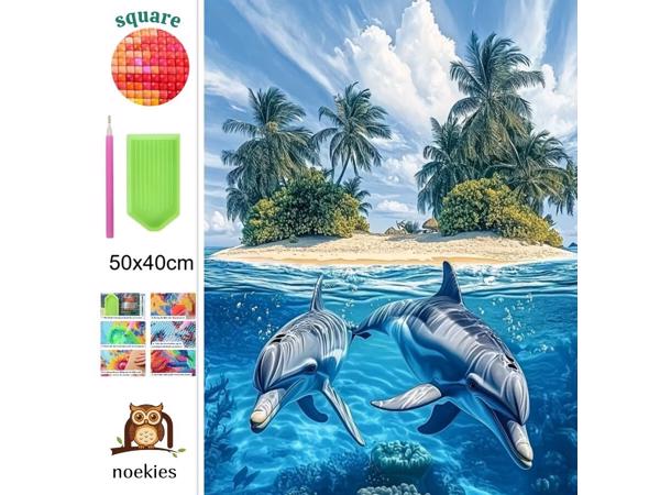 nr 4 Diamond Painting eiland dolfijnen 50x40cm (vierkant)