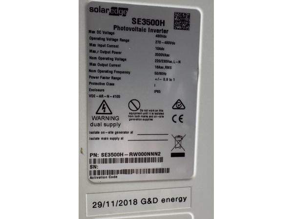 Solar Edge SE3500H omvormer met foutmelding van 2018.