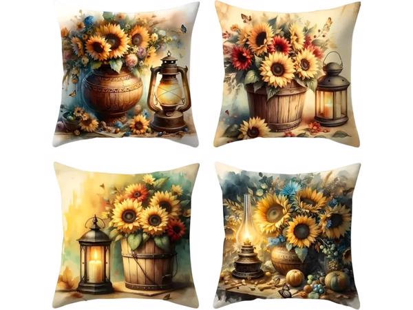 Set van 4 kussenhoezen zonnebloem olie lampje 40x40cm