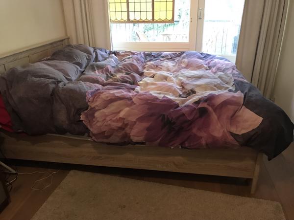 Bed frame van licht hout en 2 losse matrassen