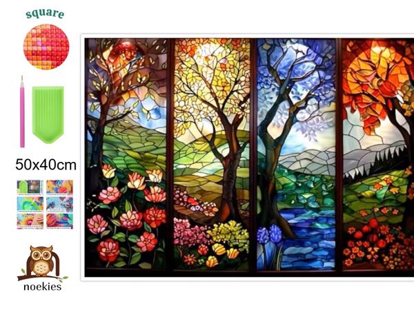 nr 22 Diamond Painting 4 seizoenen bomen 50x40cm (vierkant)