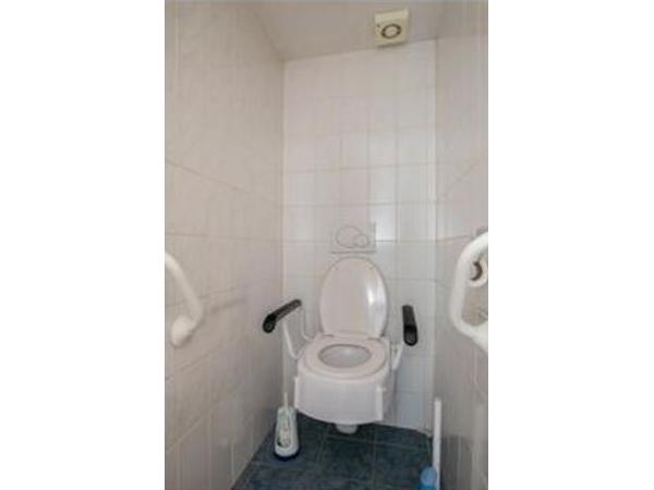 Toilet met toilet beugels voor ondersteuning en muurgrepen
