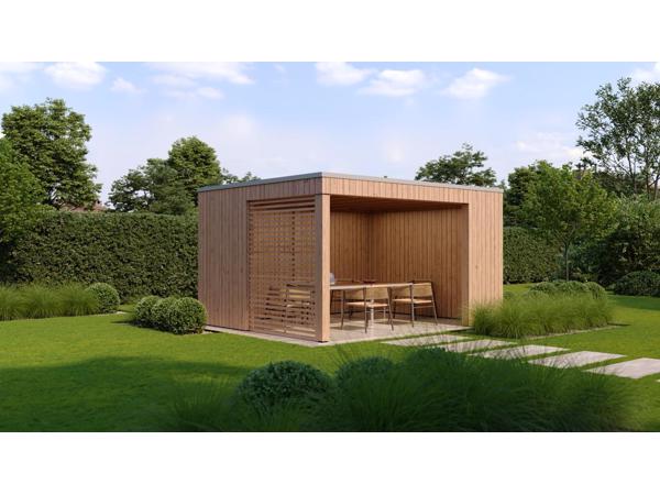MAATWERK TUINHUIZEN, blokhutten en bijgebouwen.