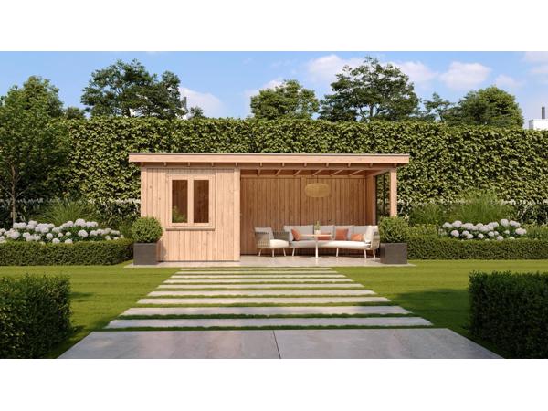 MAATWERK TUINHUIZEN, blokhutten en bijgebouwen.