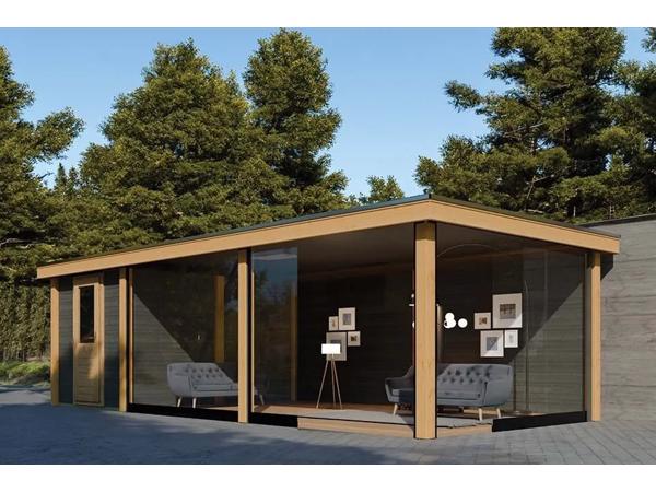 MAATWERK TUINHUIZEN, blokhutten en bijgebouwen.