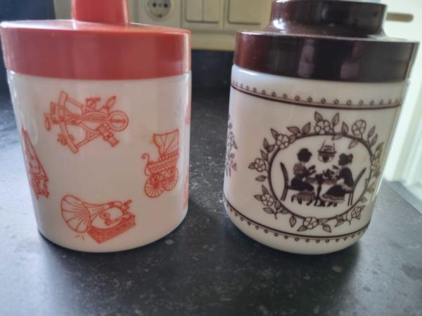 2x opaal glas voorraadpot schroefdeksel koffiepot DE vintage