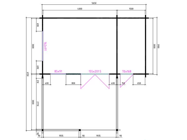 Tuinhuis-Blokhut 4x3+3z: 495 x 340 x 265 (h) cm