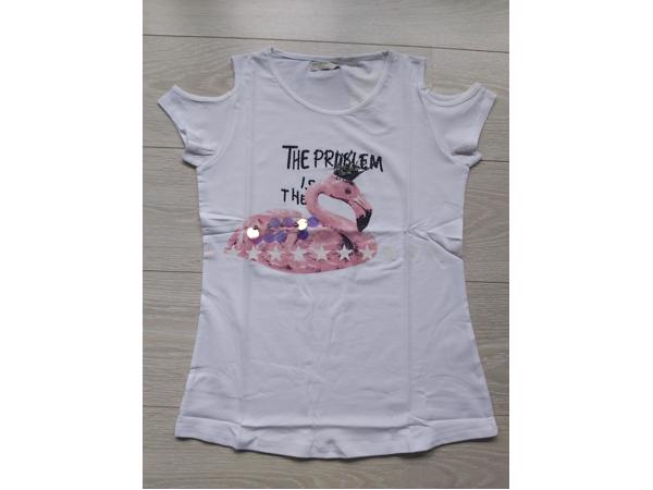 Glo-Story t-shirt flamingo open schouders wit 164