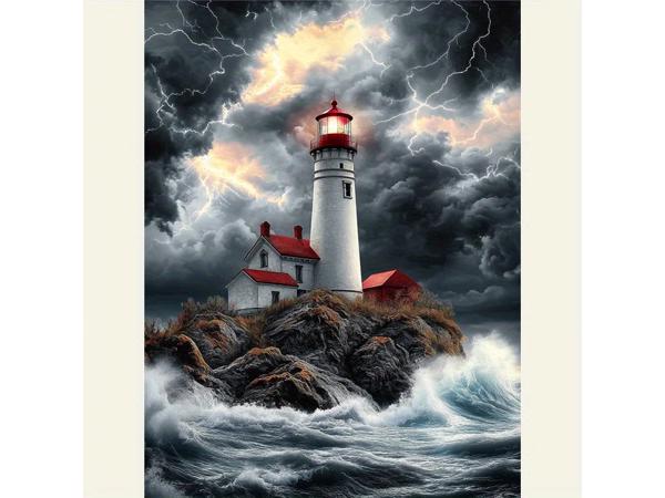 50x40cm Diamond Painting vuurtoren in storm (vierkant) nr 16