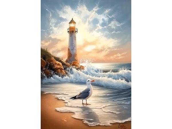 50x40cm Diamond Painting vuurtoren zee (rond) nr 74