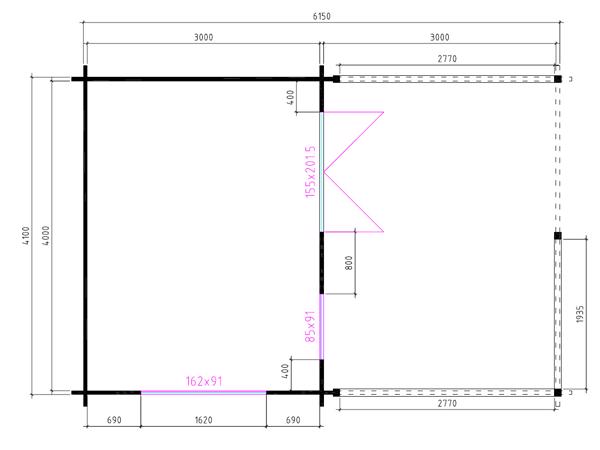 Tuinhuis-Blokhut 4x3+3: 440 x 340 x 265 (h) cm